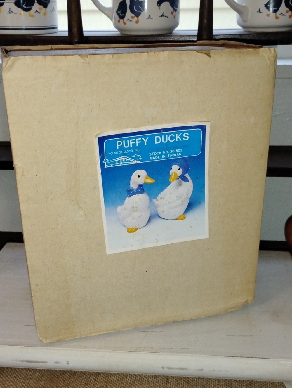 Vintage NOS Puffy Ducks Decorative Figurines - White & Blue Cottagecore